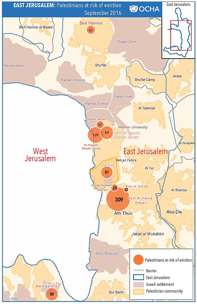 מפת ירושלים המזרחית: פלסטינם בסכנת פינוי, ספטמבר 2016