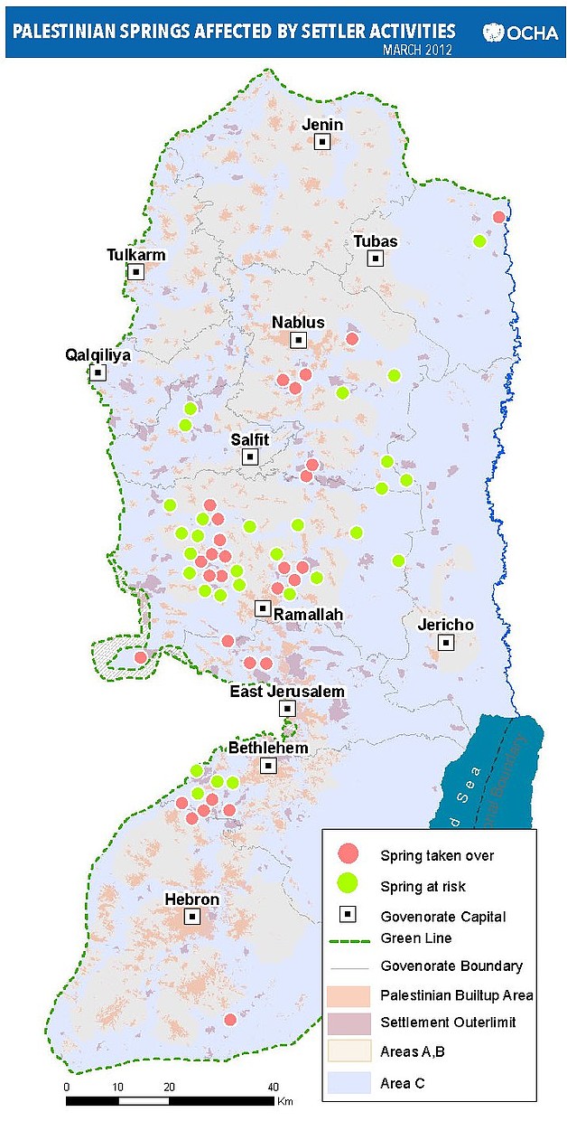 מפה: מעיינות פלסטיניים הנפגעים מפעילות מתנחלים