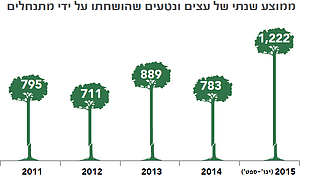 תרשים: ממוצע שנתי של עצים ונטעים שהושחתו על ידי מתנחלים