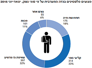 תרשים: פצועים פלסטינים בגדה המערבית על פי סוגי נשק, ינואר-יוני 2015