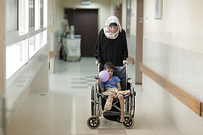 A mother and son in the orthopedic department at Ash Shifa hospital, Gaza City, October 2015 A mother and son in the orthopedic department at Ash Shifa hospital, Gaza City, October 2015