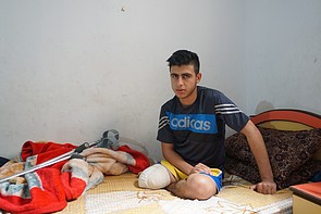 Mohammed al-Ajouri. Right leg amputated after he was shot and injured by Israeli forces during a demonstration in Gaza on 30 March. Mohammed al-Ajouri. Right leg amputated after he was shot and injured by Israeli forces during a demonstration in Gaza on 30 March.
