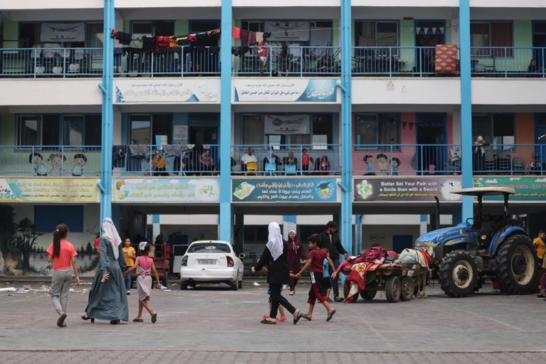 Internally displaced persons sheltering in an UNRWA school. Photo by Adham El Baba