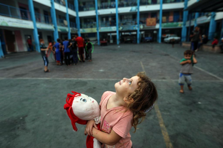 A picture of children seeking shelter at Al-Shati Elementary Joint Refugee School in Al-Nasr, Gaza.  Source: Mahmoud Ajjour, 8 October 2023