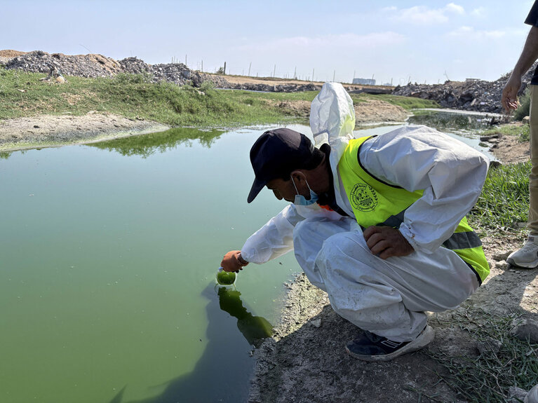 PEF team members collect a water sample from a stagnant water area in Gaza as part of an oPt HF-supported WASH project. Photo credit: PEF