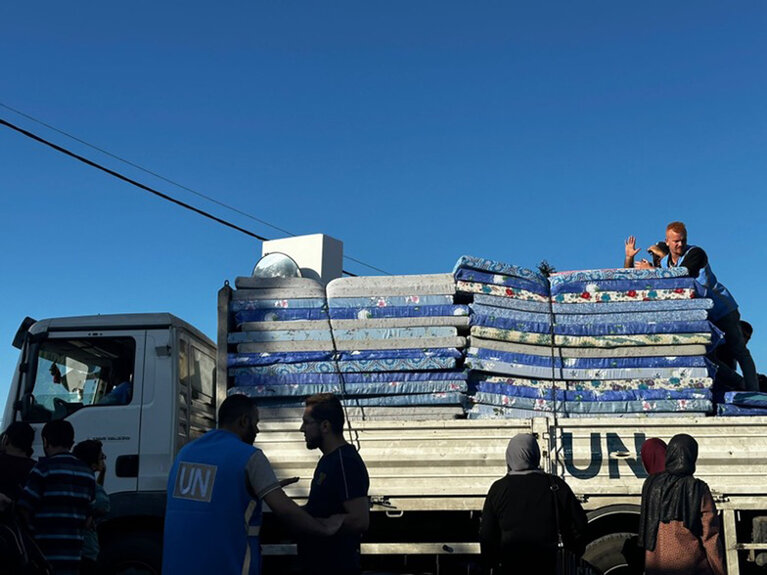 Mattresses distributed to internally displaced persons at a United Nations facility in Gaza. Photo by UNRWA