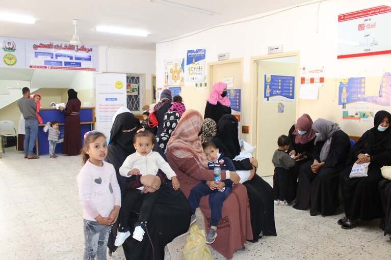 People waiting to be seen at Al Fukhary clinic, Gaza.