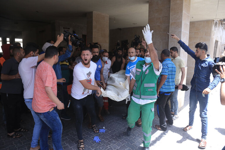 Casualties following airstrike on Gaza, 11 May 2021. Photo by Samar Abu Elouf, photographer  