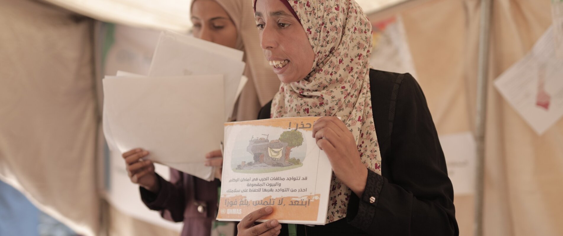 Rama facilitating an awareness-raising session in Gaza. Photo by Atfaluna
