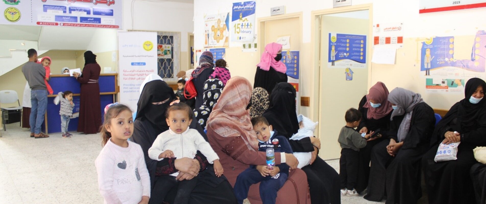 People waiting to be seen at Al Fukhary clinic, Gaza.