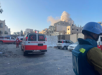 Medical evacuation of 24 patients from Al Amal hospital amid hostilities in Khan Younis, 25 February 2024. The UN and the Palestine Red Crescent Society have additionally completed the evacuation of 72 critical cases from Nasser hospital in Khan Younis, Photo by OCHA 
