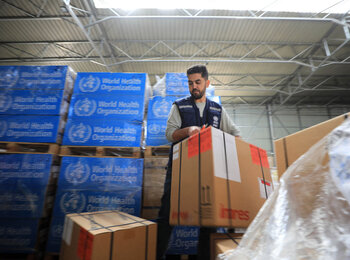 Supplies prepared for delivery in Gaza. On 4 December, Rafah was the only area where limited aid distributions took place. Amid some of the heaviest shelling so far, the Humanitarian Coordinator warned that the conditions required to deliver aid do not exist. Photo by WHO, 2 December 2023 