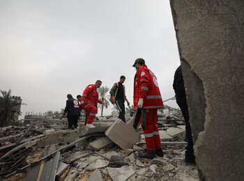 Two months on, the situation in Gaza is becoming apocalyptic. As hostilities expand, people are forced into increasingly confined areas of the south, and meaningful humanitarian efforts become nearly impossible. Photo of rescue teams in Deir al Balah by PRCS, 5 December 2023 